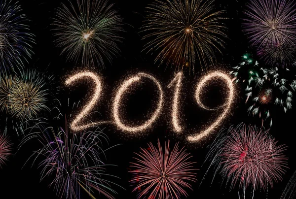 New Year Eve 2019 Vuurwerk Zwarte Achtergrond — Stockfoto