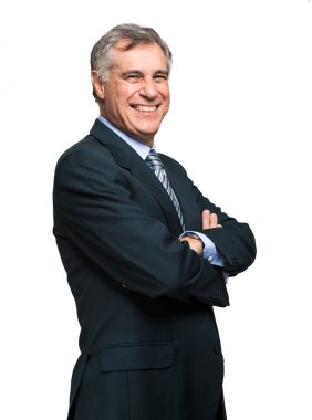 Beyaz arka plan üzerinde izole silah emin olgun işadamı geçti 