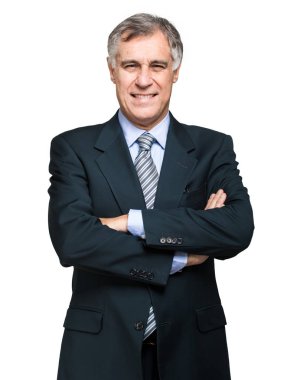 Beyaz arka plan üzerinde izole silah emin olgun işadamı geçti 