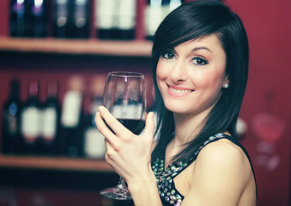 Woman Tasting Red Wine Restaurant — Stock Photo, Image