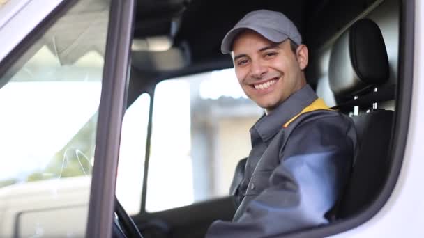 Smiling Van Driver Showing Thumb — Stock Video