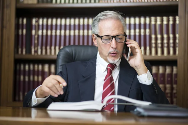 Uomo Affari Che Legge Libro Mentre Parla Sul Suo Cellulare — Foto Stock