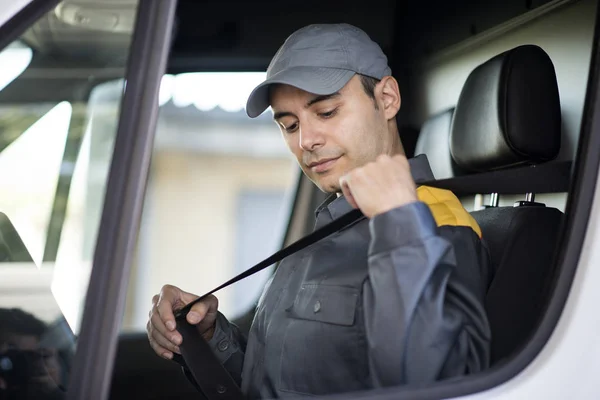Deliverer Putting Safety Belt His Van — Stock Photo, Image