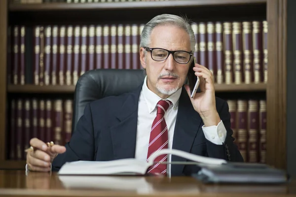 Geschäftsmann Benutzt Sein Handy Während Seine Agenda Liest — Stockfoto