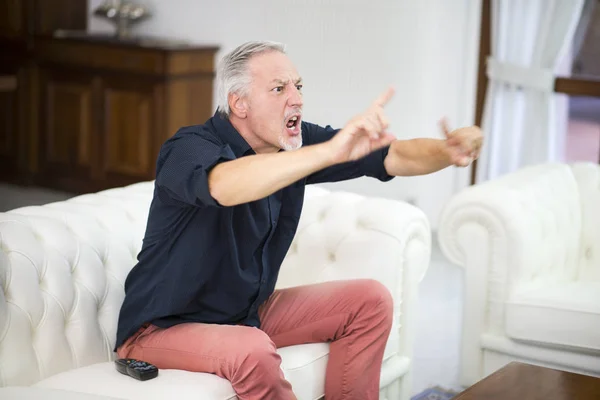 Emotional Supporter Watching His Favorite Team Playing While Home — Stock Photo, Image