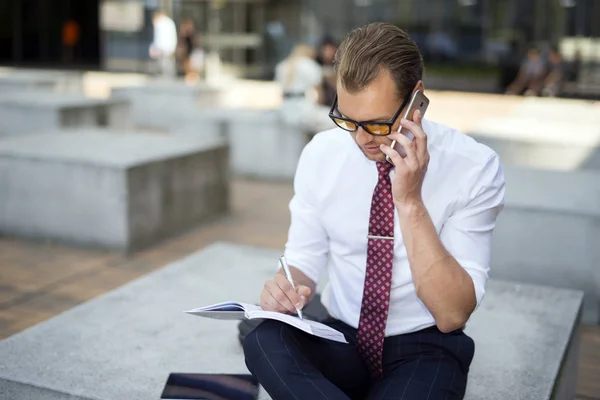 Zakenman Praten Mobiele Telefoon Tijdens Het Schrijven Zijn Agenda — Stockfoto