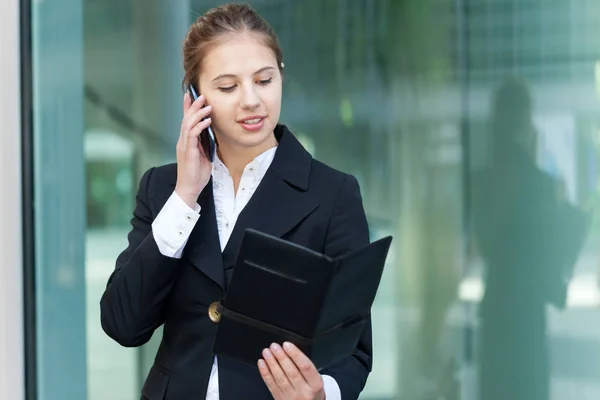 Retrato Uma Empresária Ocupada Falando Telefone Enquanto Lia Sua Agenda — Fotografia de Stock
