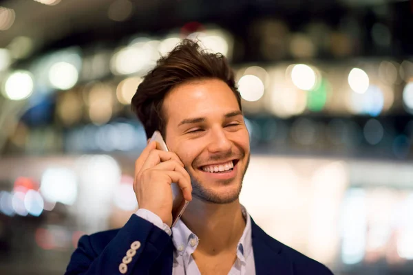 Young Handsome Man Talking Cellphone Night — Stock Photo, Image