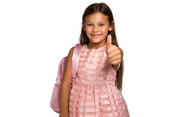 Pequena Menina Sorrindo Fazendo Sinal Isolado Fundo Branco — Fotografia de Stock