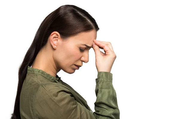 Jeune Femme Mal Tête Isolé Sur Fond Blanc — Photo