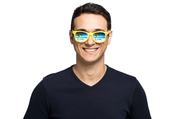 Young Man Wearing Glasses Which Beautiful Sea Landscape Reflected Them — Stock Photo, Image