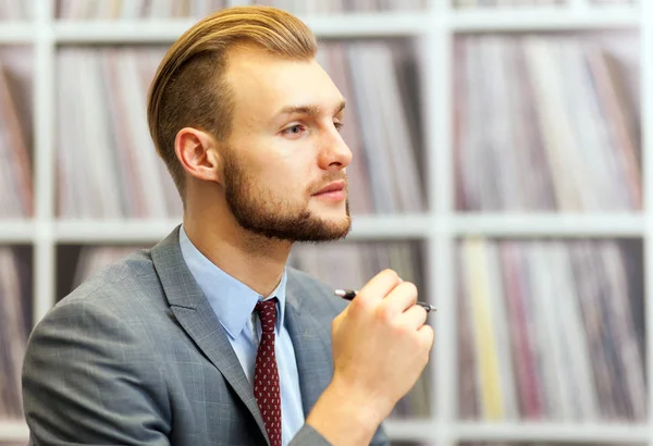 Handsome Manager Thoughtful Expression His Office — Stock Photo, Image