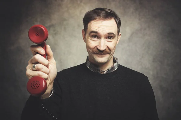 Portrait Mature Man Holding Red Phone — Stock Photo, Image