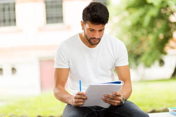 Handsome Young Man Reading Book Bench Park — Stock Photo, Image