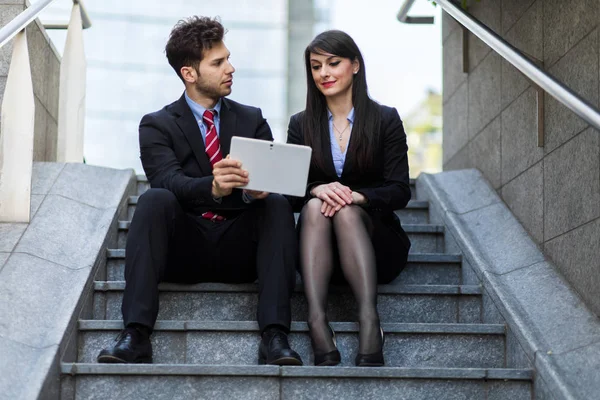 Business Partners Using Tablet Stairs Outdoor — Stock Photo, Image