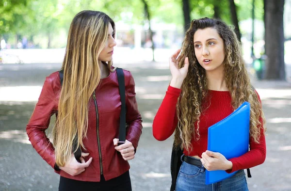 Twee Schoolvriendinnen Aan Het Praten Een Binnenplaats — Stockfoto