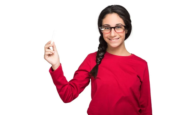 Young Intelligent Girl Holding Chalk Isolated White — 스톡 사진