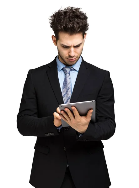 Mladý Podnikatel Používající Digitální Tablet Izolovaný Bílém — Stock fotografie