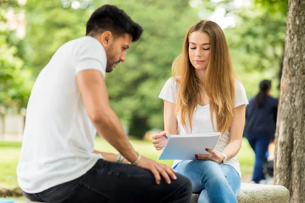 Dois Estudantes Estudando Juntos Sentados Banco Livre — Fotografia de Stock