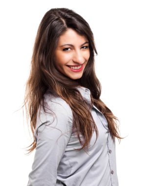 Gülümseyen iş kadını beyaz arka planda izole edilmiş 