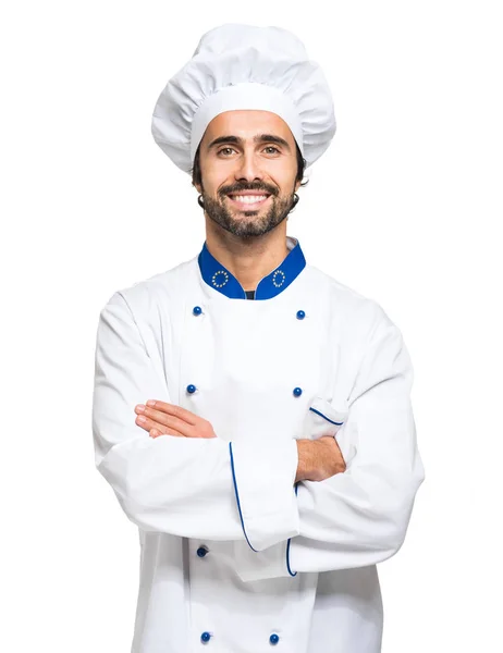 Vrolijke Chef Kok Geïsoleerd Witte Achtergrond — Stockfoto