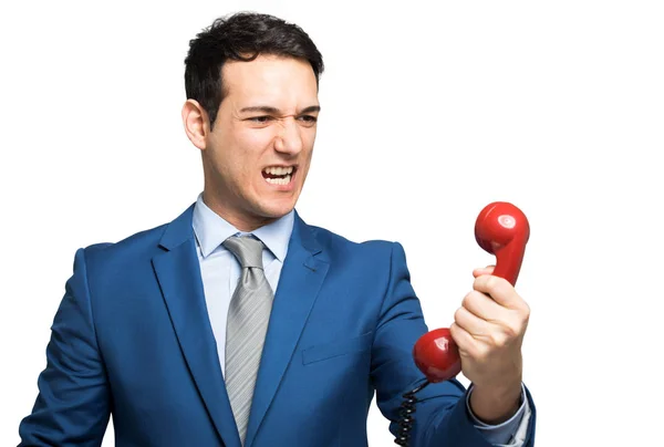 Homem Negócios Irritado Gritando Telefone Isolado Fundo Branco — Fotografia de Stock