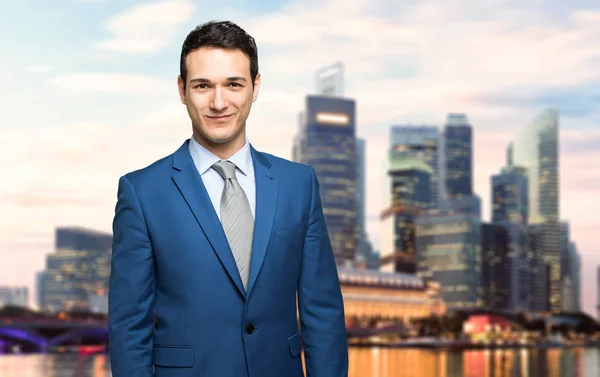 Businessman Outdoor Smiling Modern Skyline Background — Stock Photo, Image