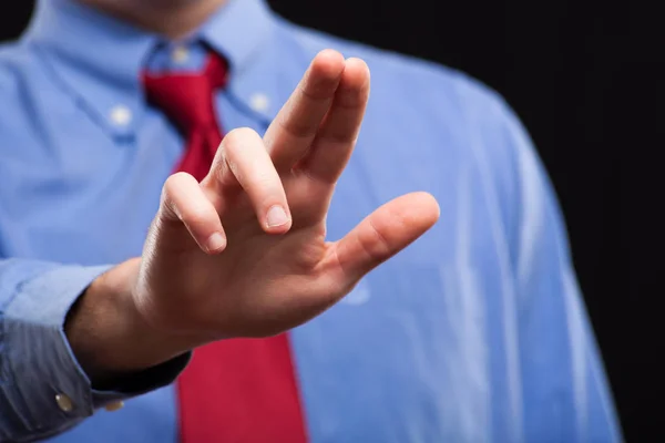 Uomo Affari Che Tocca Schermo Virtuale Può Mettere Testo Dito — Foto Stock