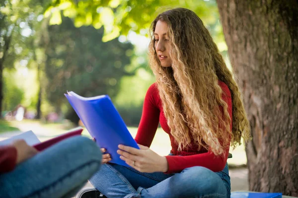 Studentessa Adolescente Libro Lettura Nel Parco Della Scuola — Foto Stock