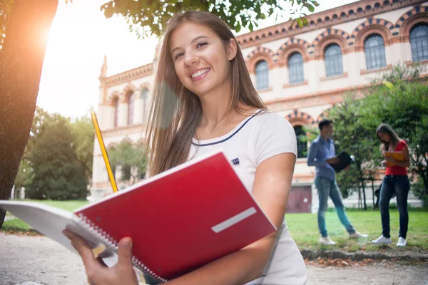 Portrait Beau Jeune Étudiant Assis Dans Parc École — Photo