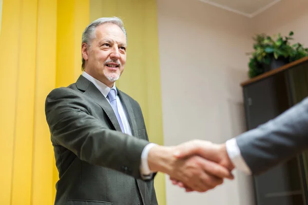 Senior Geschäftsmann Beim Händeschütteln Mit Mann Büro — Stockfoto