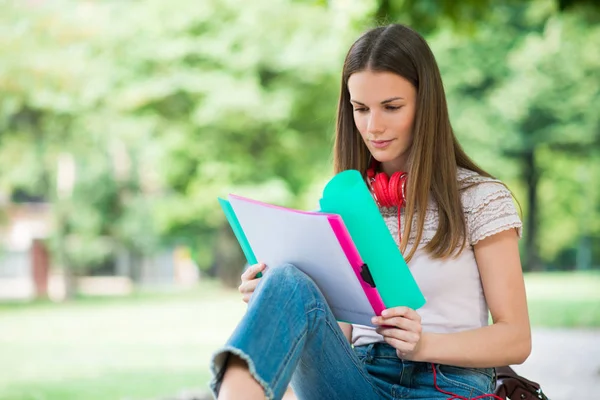 Portrait Une Étudiante Étudiant Dans Parc Face École — Photo