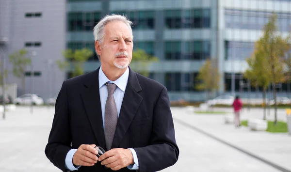 Volwassen Zakenman Wandelen Buiten Een Moderne Stad Setting — Stockfoto