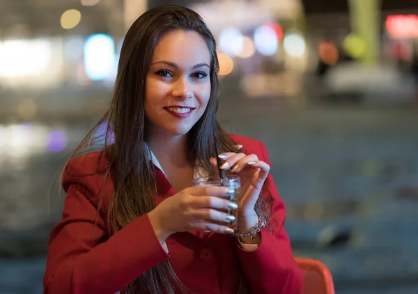 Young Woman Holding Drink Night Club Outdoor — Stock Photo, Image