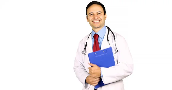 Retrato Médico Guapo Sonriente Aislado Sobre Fondo Blanco — Foto de Stock