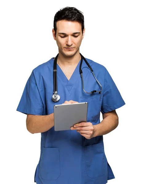 Male Nurse Using Digital Tablet Isolated White Background — ストック写真