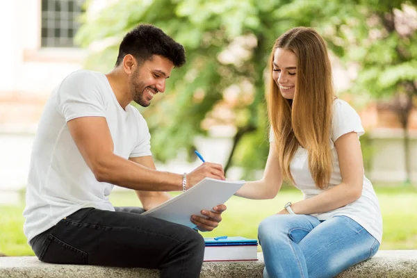 Dva Studenti Studující Společně Sedí Lavičce Venku — Stock fotografie