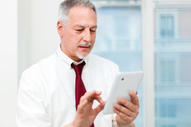 Üst düzey yönetici ofisinde dijital tablet kullanıyor.