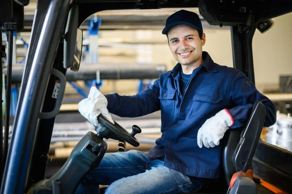 Handsome Construction Worker Driving Forklift Industrial Plant — Stock Photo, Image