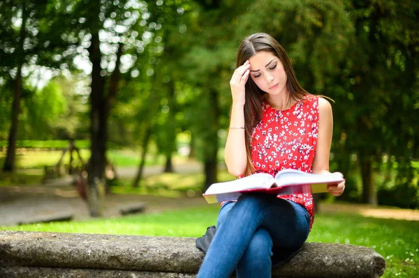 公園のベンチで本を読んでいる美しい女子大生 — ストック写真