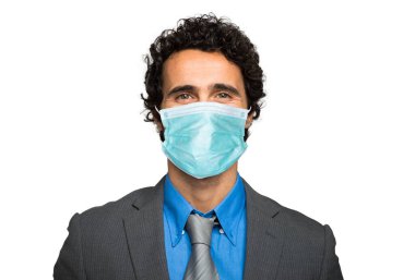 Beyaz bir maske takan iş adamı, Coronavirus konsepti