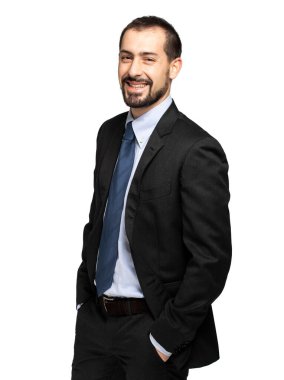 Beyaz arka planda izole edilmiş yakışıklı bir iş adamının portresi. 