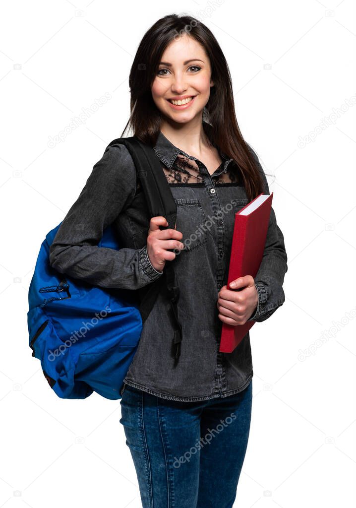 Young student girl with red book isolated on white background 