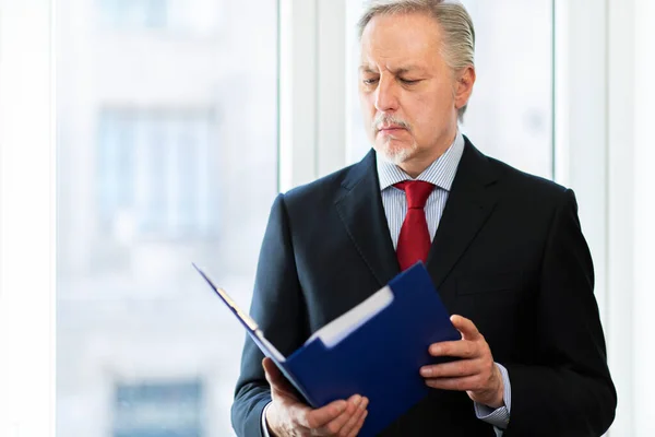 Lächelnder Geschäftsmann Liest Dokumente Seinem Büro — Stockfoto