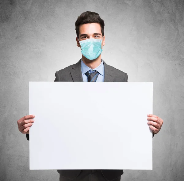 Portrait Masked Businessman Holding White Board Coronavirus Covid Concept — Stock Photo, Image