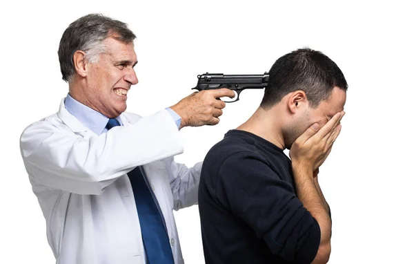 Doctor Pointing Gun His Incurable Patient — Stock Photo, Image