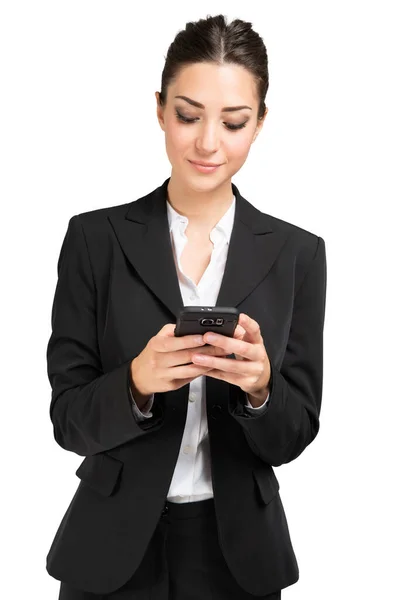 Affärskvinna Använder Mobiltelefon Isolerad Vit Bakgrund — Stockfoto