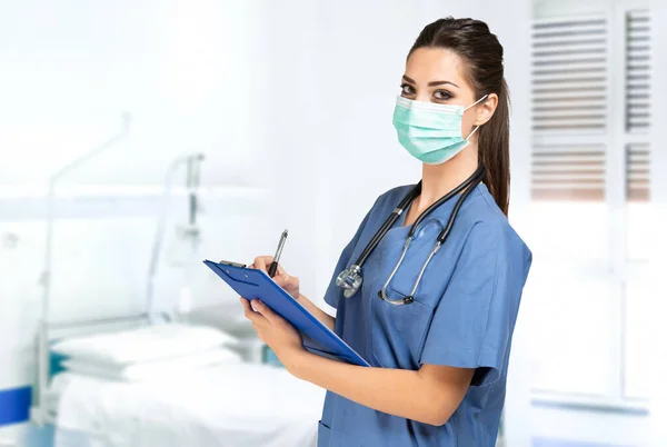 Portrait Young Masked Nurse Hospital — Stock Photo, Image