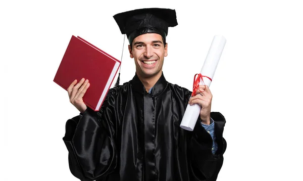 Retrato Estudante Graduação Feliz Isolado Fundo Branco — Fotografia de Stock