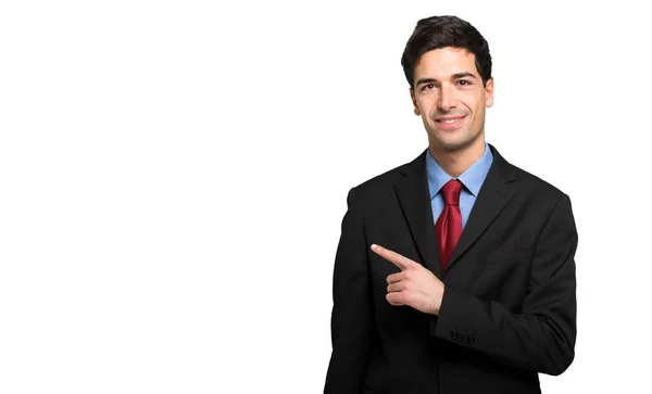 Joven Empresario Apuntando Lado Aislado Sobre Fondo Blanco — Foto de Stock